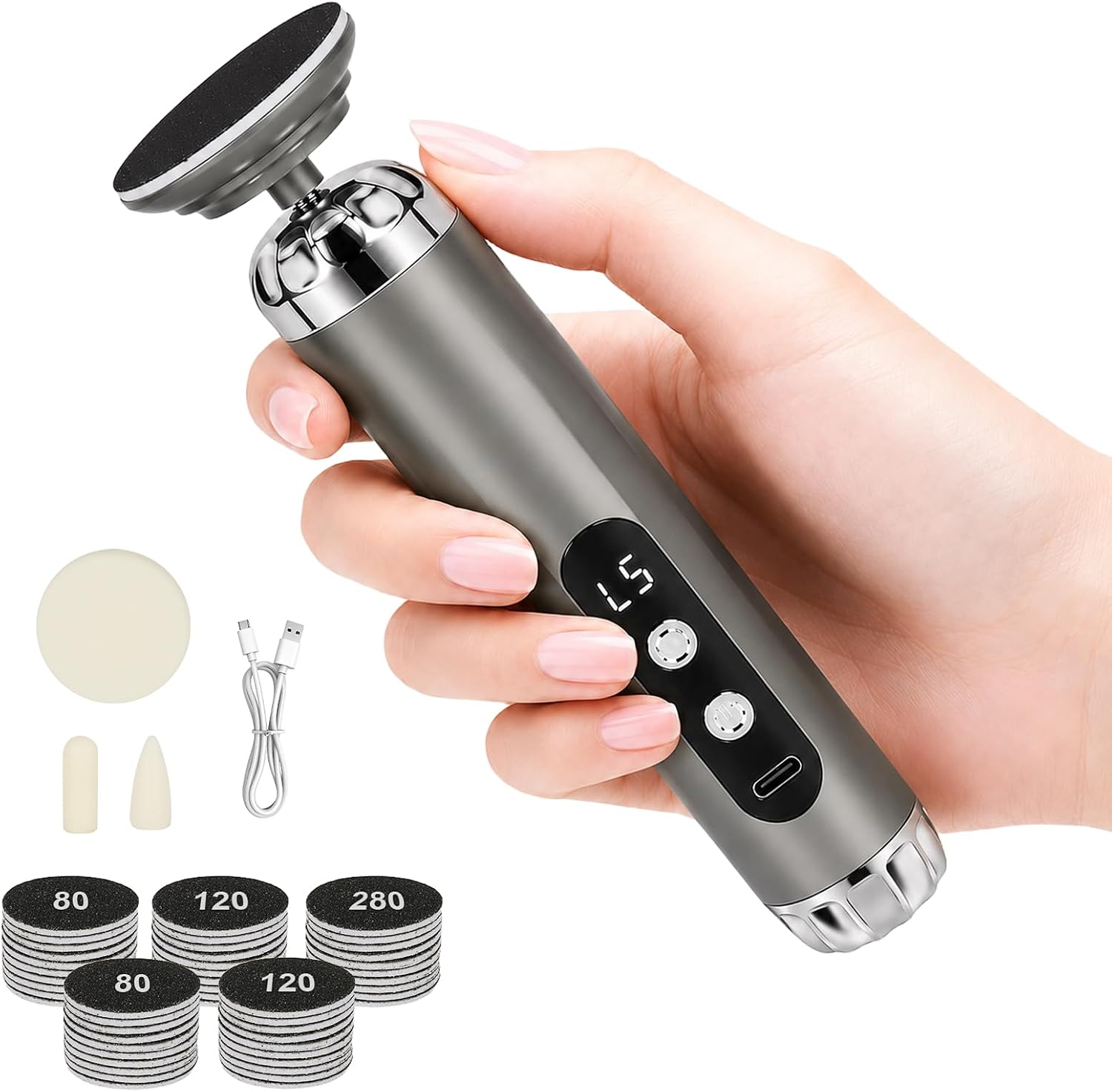 5-Speed Electric Foot Callus Remover, 27,000 Rpm Pedicure Tool With 3 Interchangeable Heads | Professional Foot File With 50Pcs Sandpaper Discs For Dead Skin, Cracked Heels & Nails (Gray)