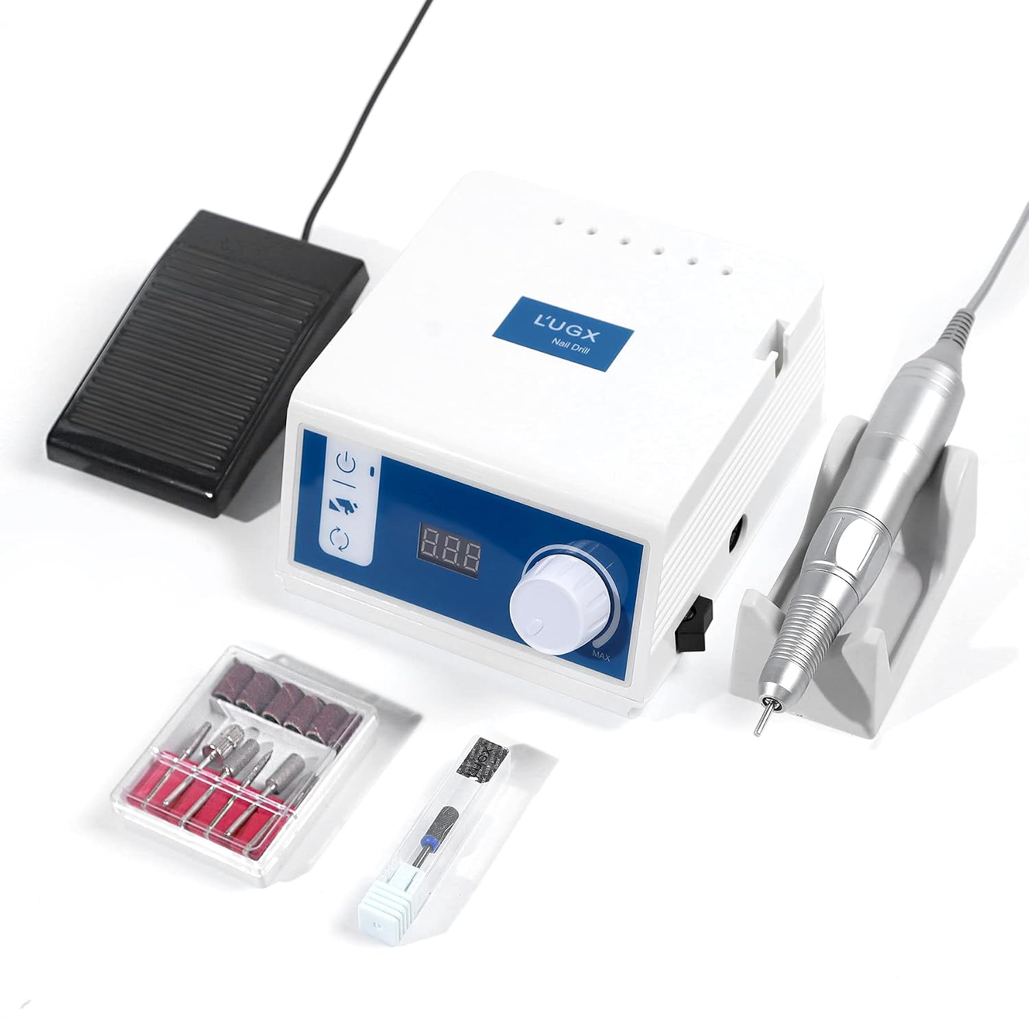 L'ugx Professional Nail Drill, 45000Rpm Brushless Electric Nail File Manicure Pedicure, Perfect For Home Salon Use, Foot Pedal, Low Noise And No Vibration, 7 Nail Drill Bits