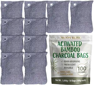 100G Bamboo Charcoal Bags (Pack Of 10 Bags) - Activated Charcoal Odor Absorber - Reusable Bags For Homes, Cars, Closets, & Shoe Odor - Absorbs Odors & Moisture - Organic Sustainable Room Air Freshener