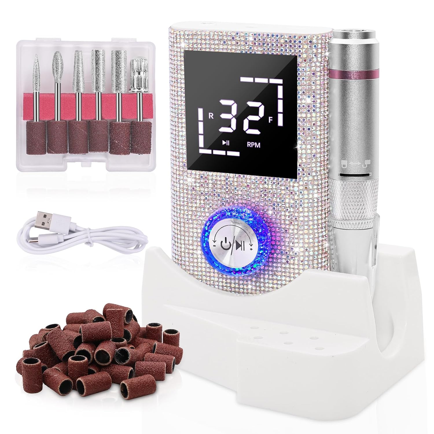 Highlights the product’s portable cordless form factor and core identity as an electric nail drill.