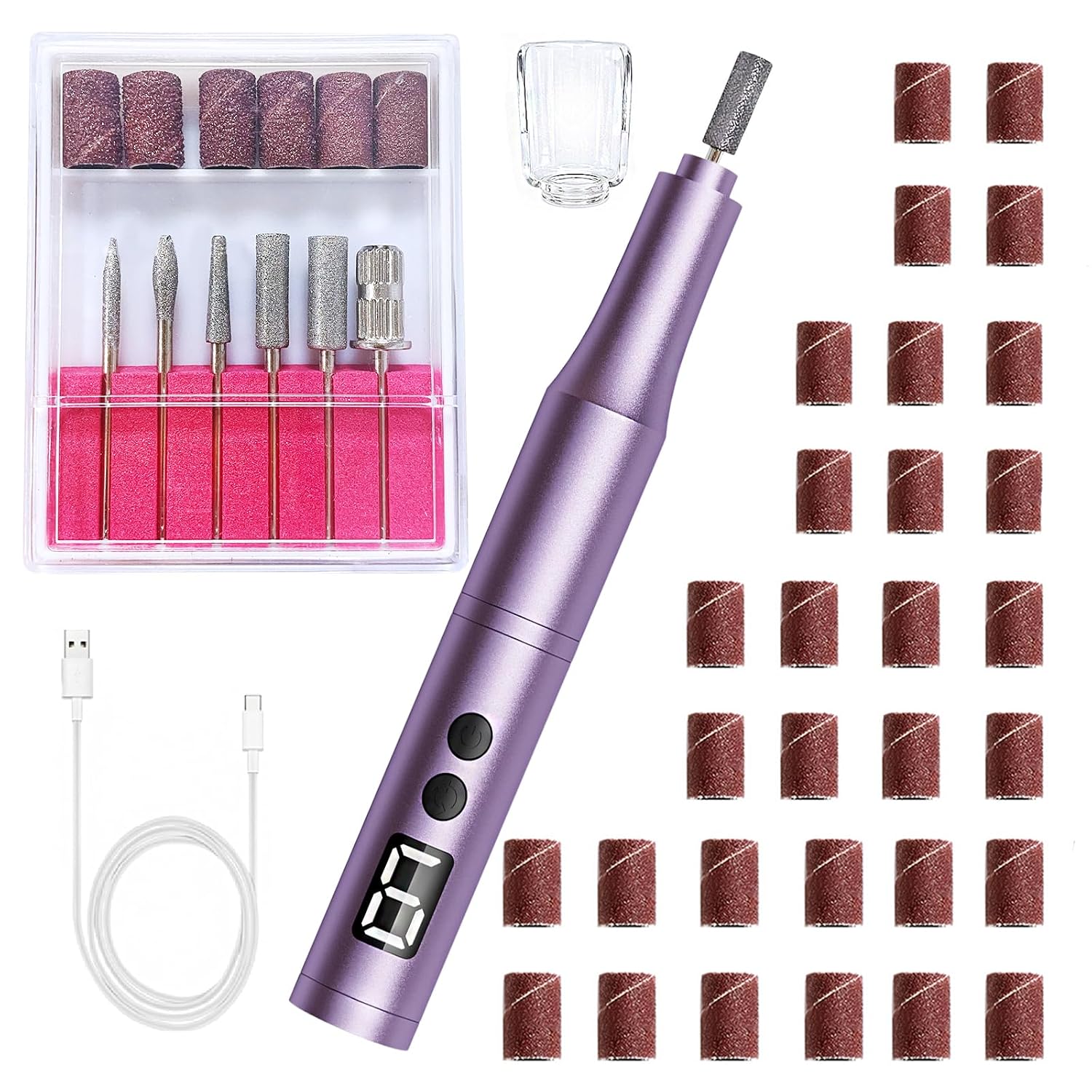 Professional Cordless Nail Drill Kit For Gel & Acrylic Nails, Electric Nail File With 5 Metal Bits, 30 Sanding Bands & Dust Cover - Manicure Pedicure, Callus Removal, Salon & Home Use (Purple)
