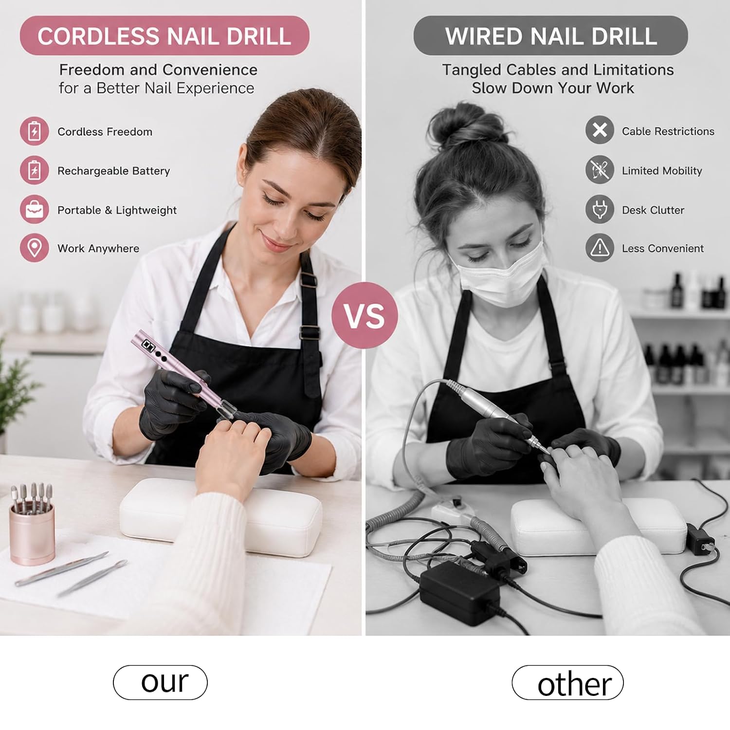Professional Cordless Nail Drill Kit For Gel & Acrylic Nails, Electric Nail File With 5 Metal Bits, 30 Sanding Bands & Dust Cover - Manicure Pedicure, Callus Removal, Salon & Home Use (Pink)