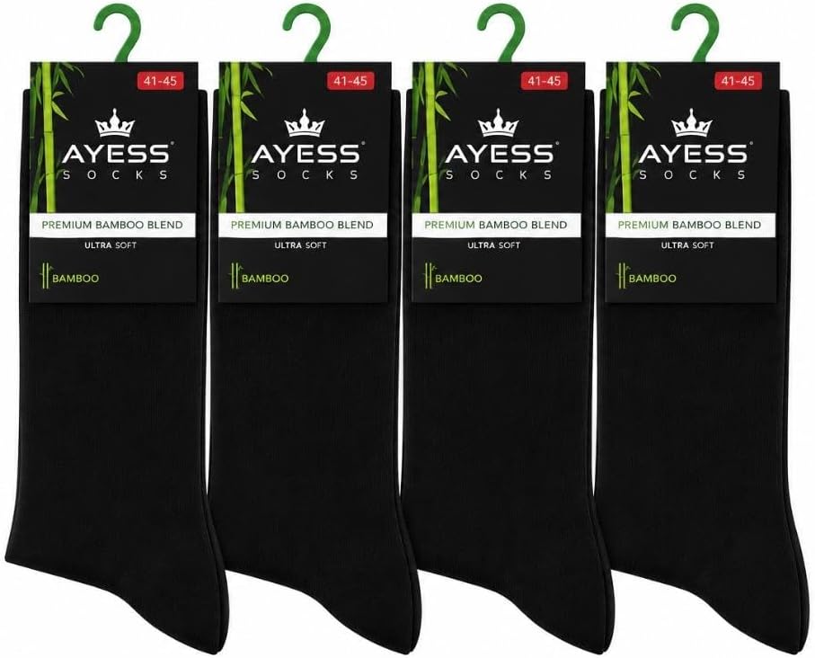 Ayess Socks Premium Bamboo Men's Crew Socks, Black, Seamless, Moisture-Wicking, Breathable, 4 Pack