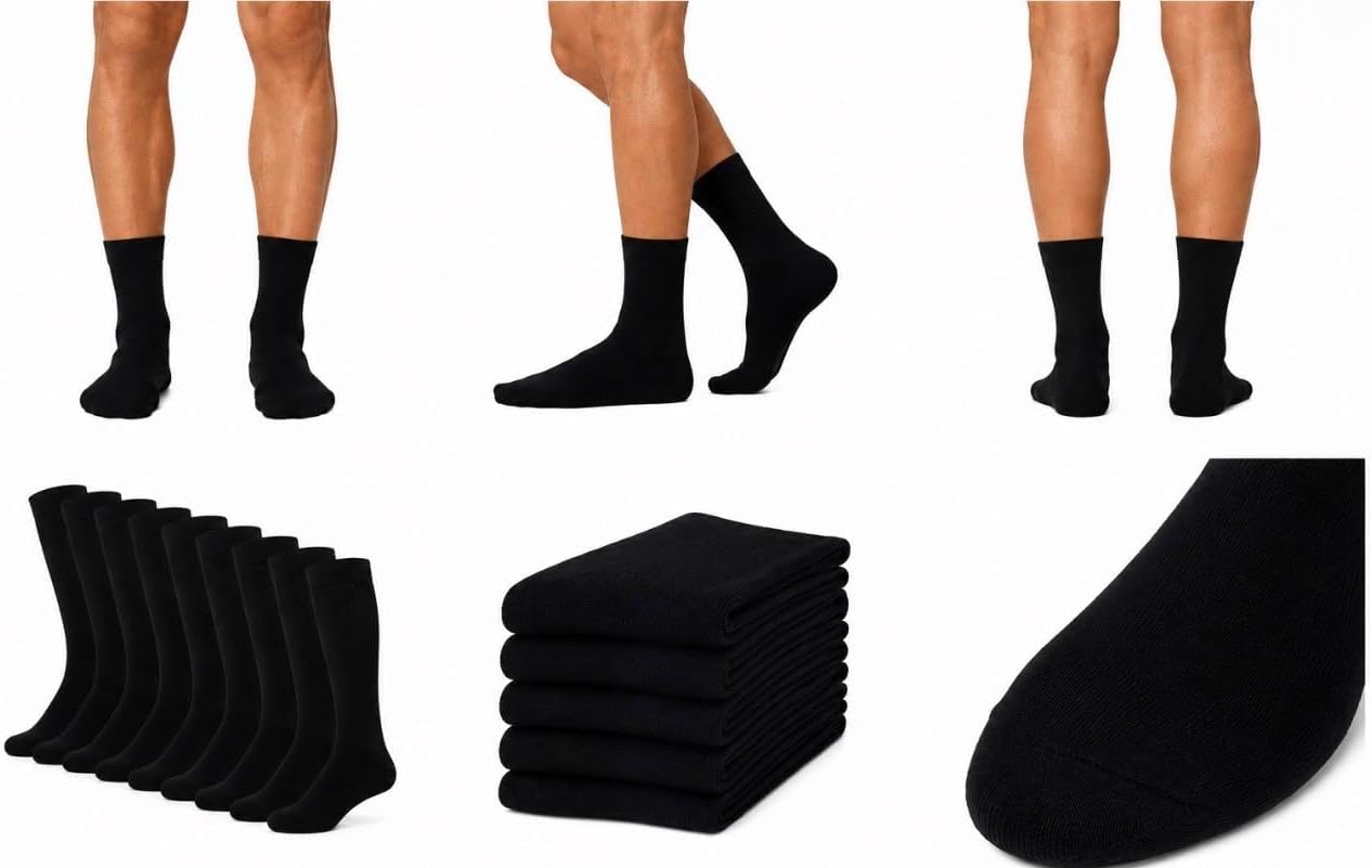 Overall look, color, and pack presentation; helps establish that this is a basic black 4-pack of men’s crew socks.