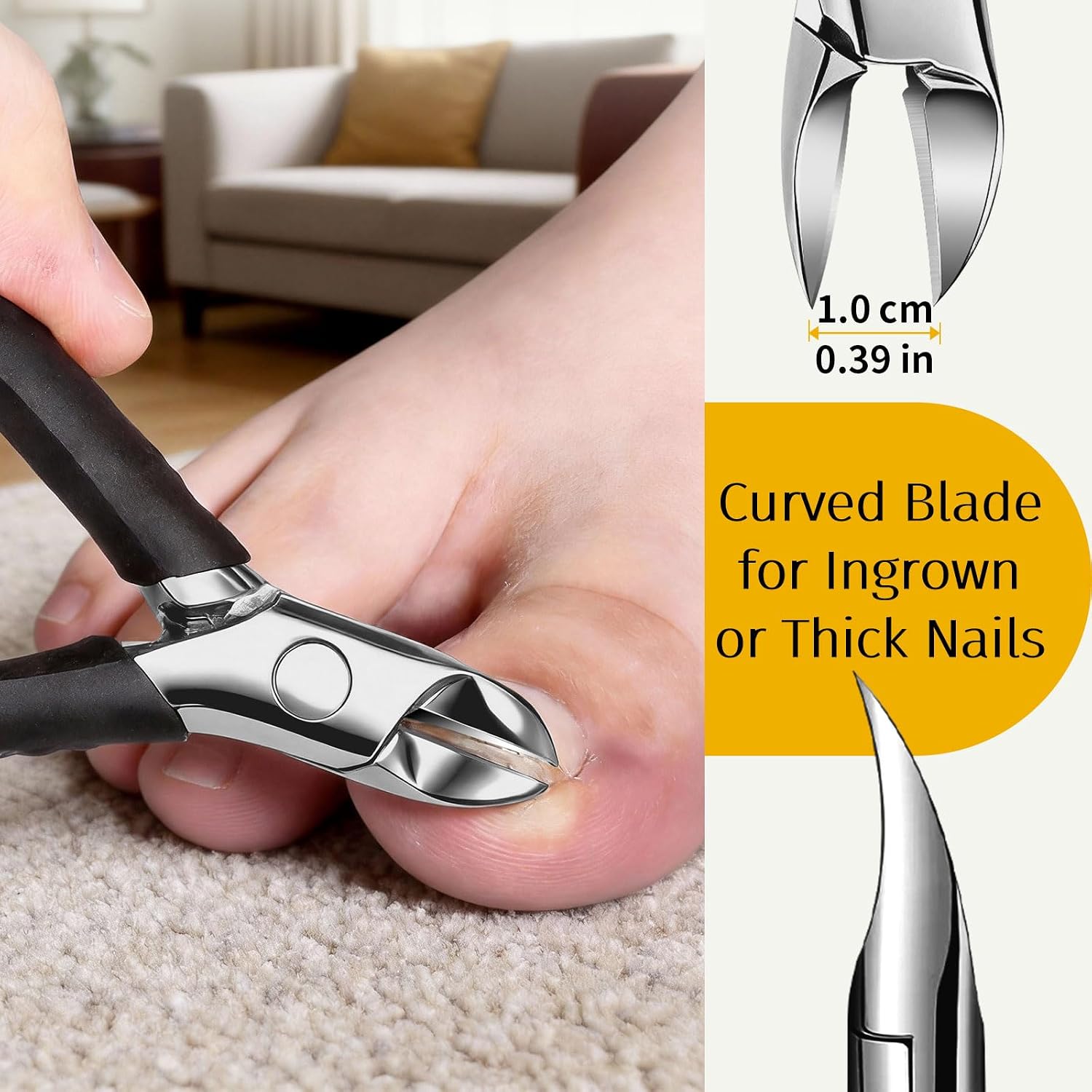 Highlights blade sharpness, cutting geometry, and the heavy-duty design for thick nails.