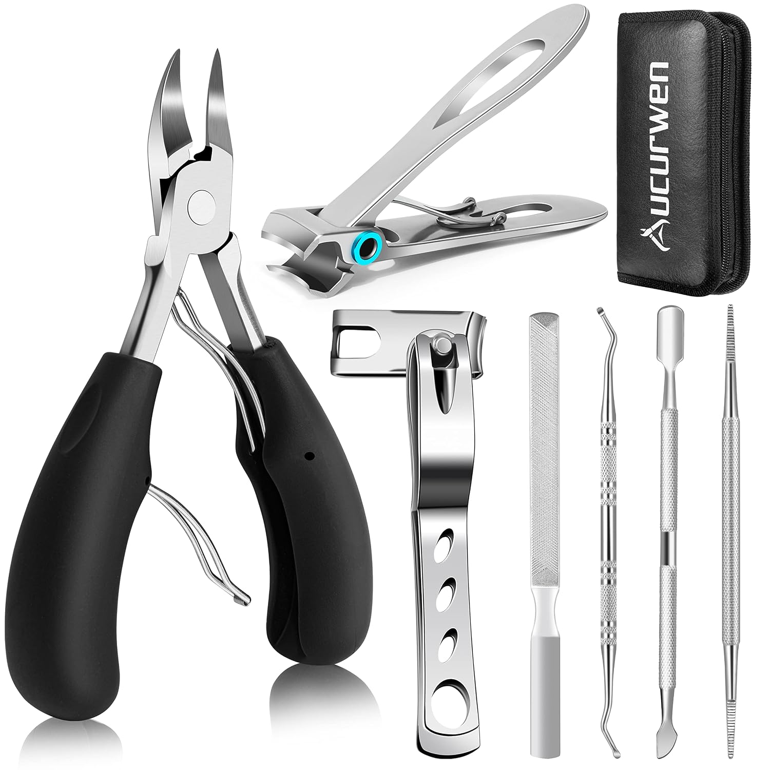 Highlights the complete 7-piece kit and positions the product as an all-in-one solution for thick and ingrown toenail care.