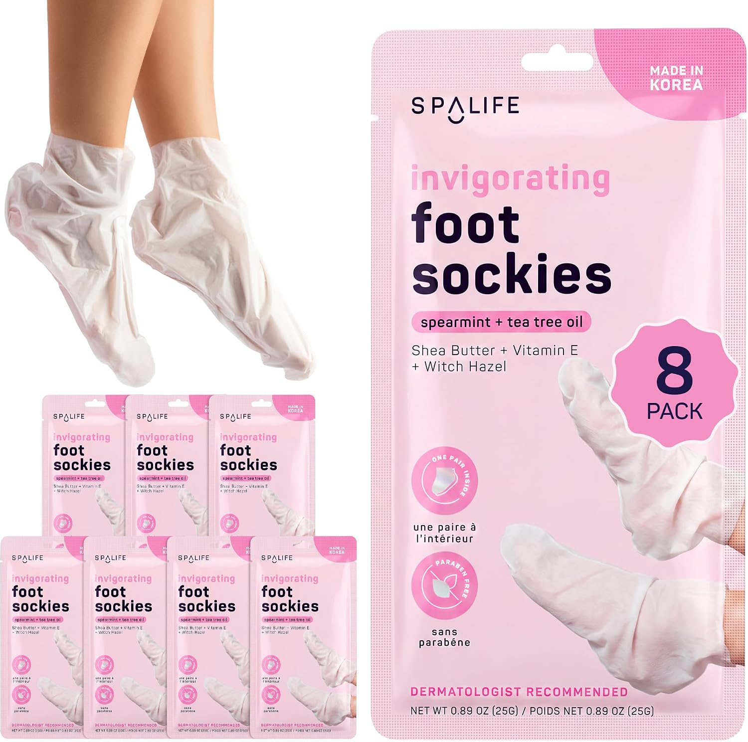 Brand presentation, pack count, and the core product format as a single-use moisturizing foot mask.