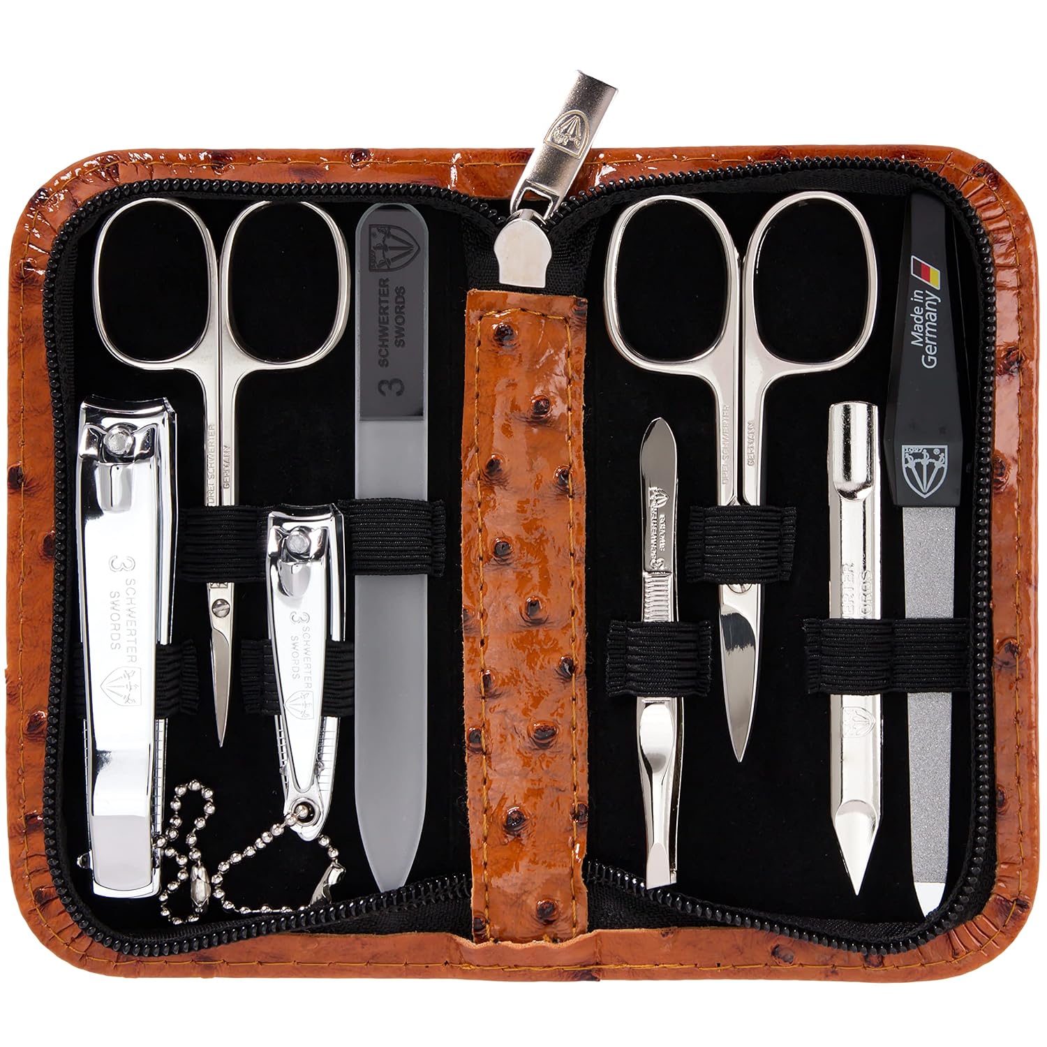 3 Swords Germany - Brand Quality 8 Piece Manicure Pedicure Grooming Kit Set Synthetic Leather Case Ostrich Cognac - Made In Germany