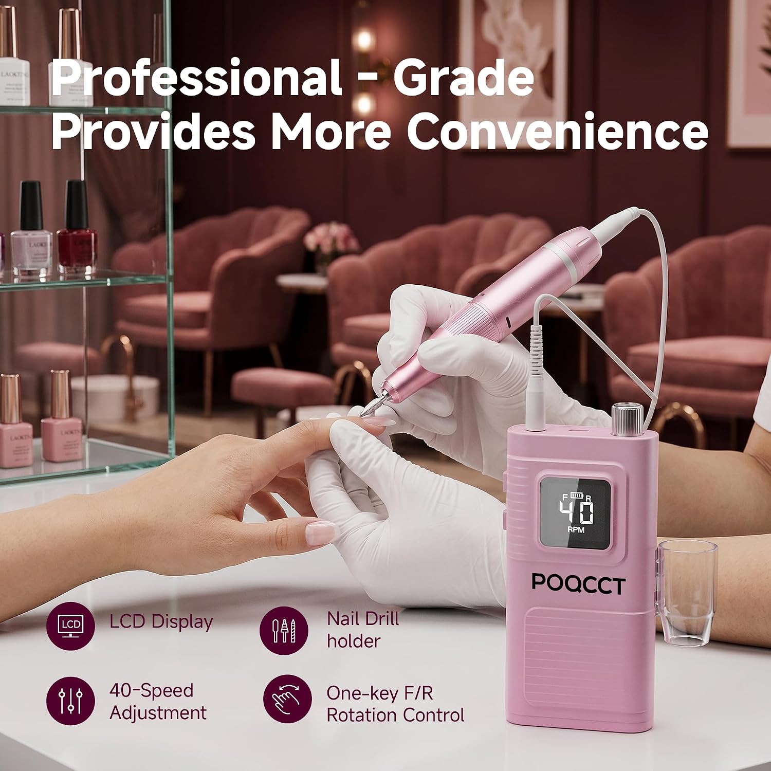 This image is useful for showing build quality, control layout, and how the unit is designed for precise nail work.