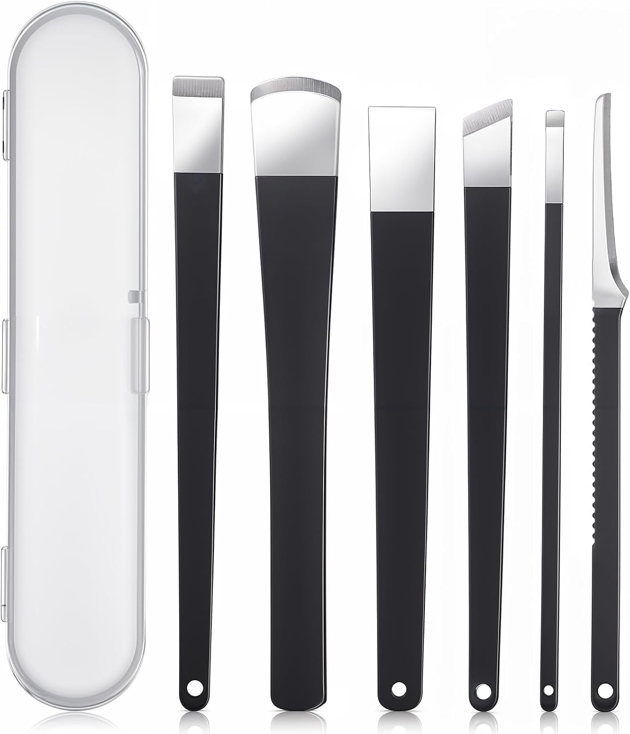Highlights the complete set, compact format, and overall presentation of the stainless steel foot care tools.