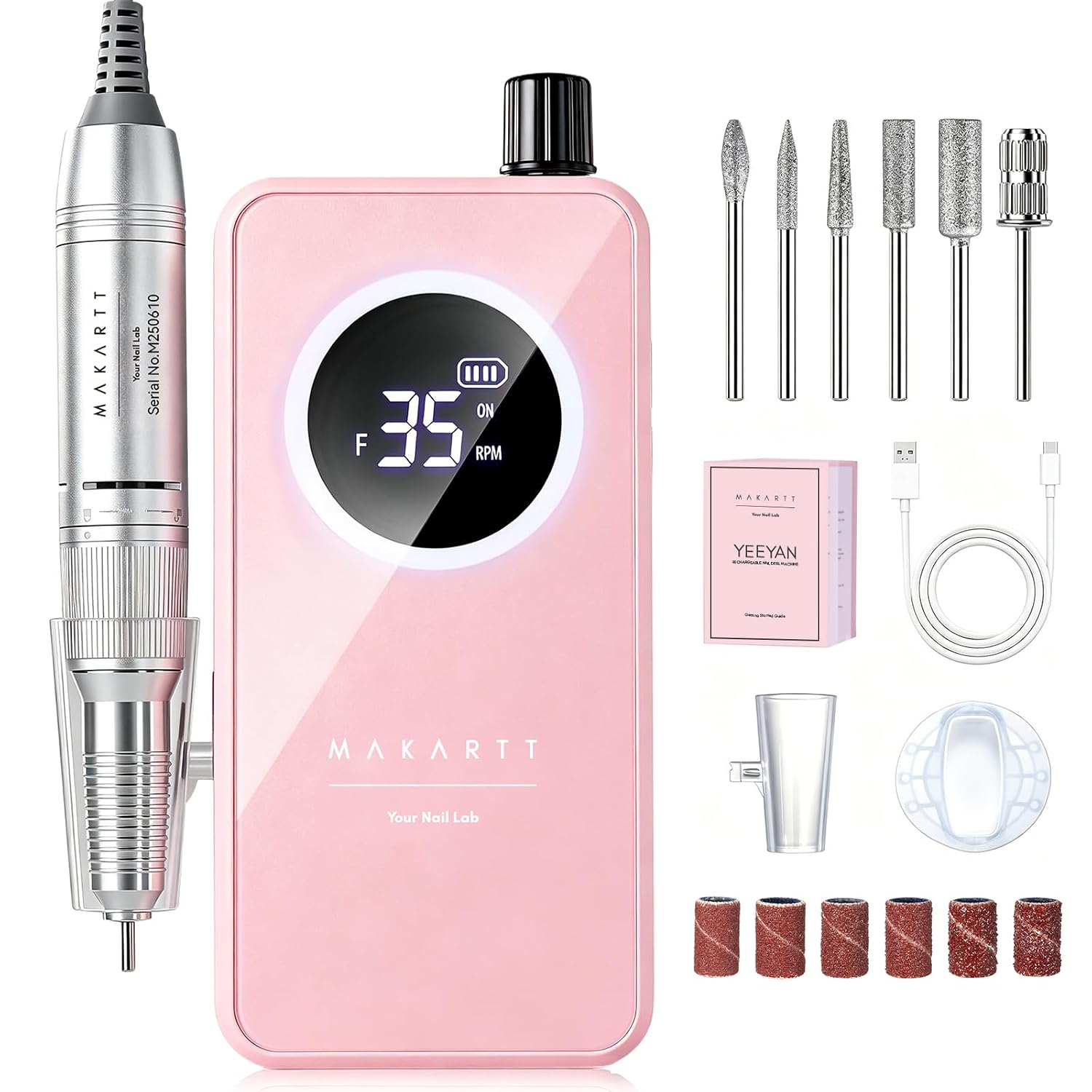 Overall product design, pink colorway, cordless form factor, and first impression of the device as a beginner-friendly nail tool.