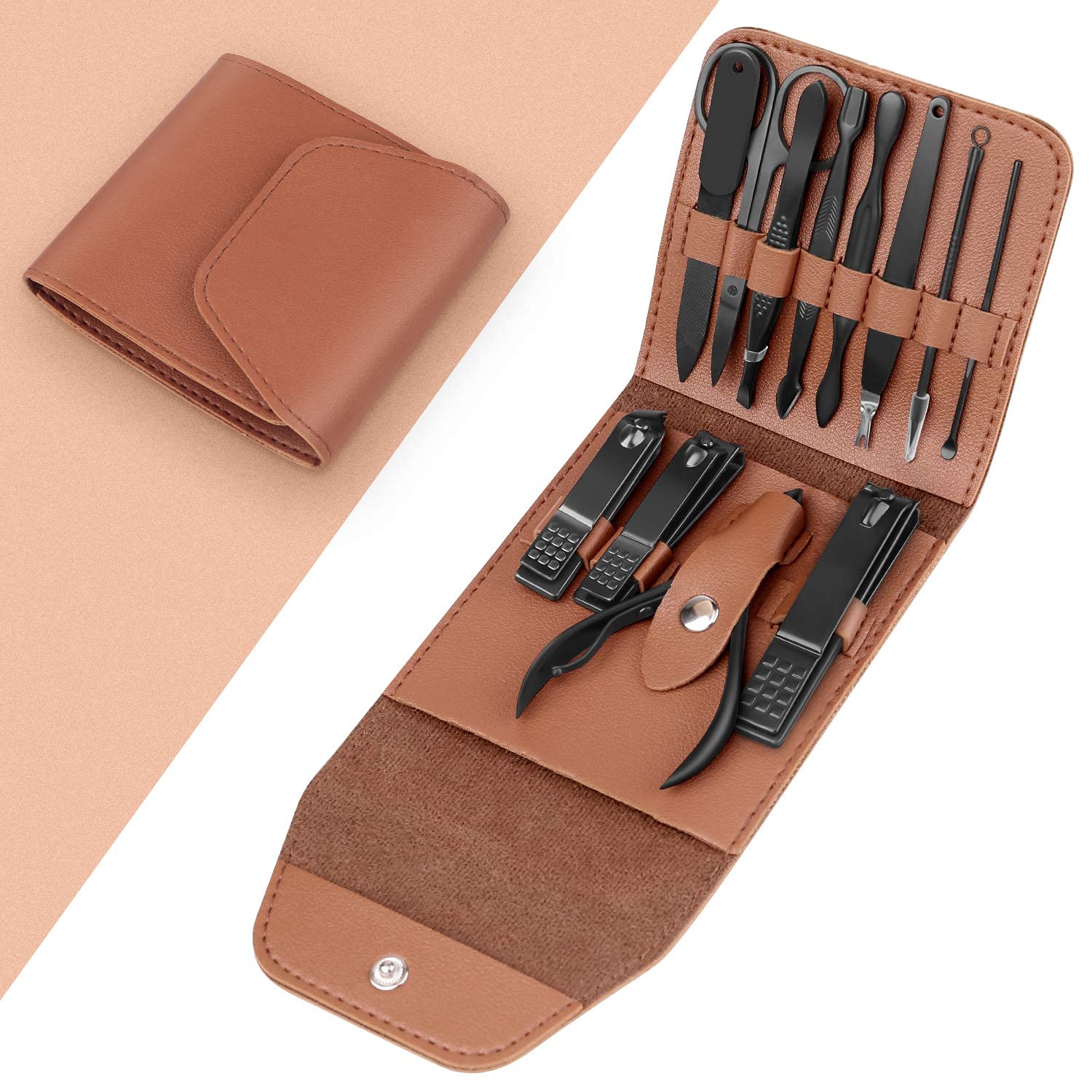 Teamkio 12Pcs Manicure Set Pedicure Nail Clippers Set Travel Hygiene Kit Stainless Steel Professional Cutter Care Set Scissor Tweezers Knife Ear Pick Tools Grooming Kits With Leather Case