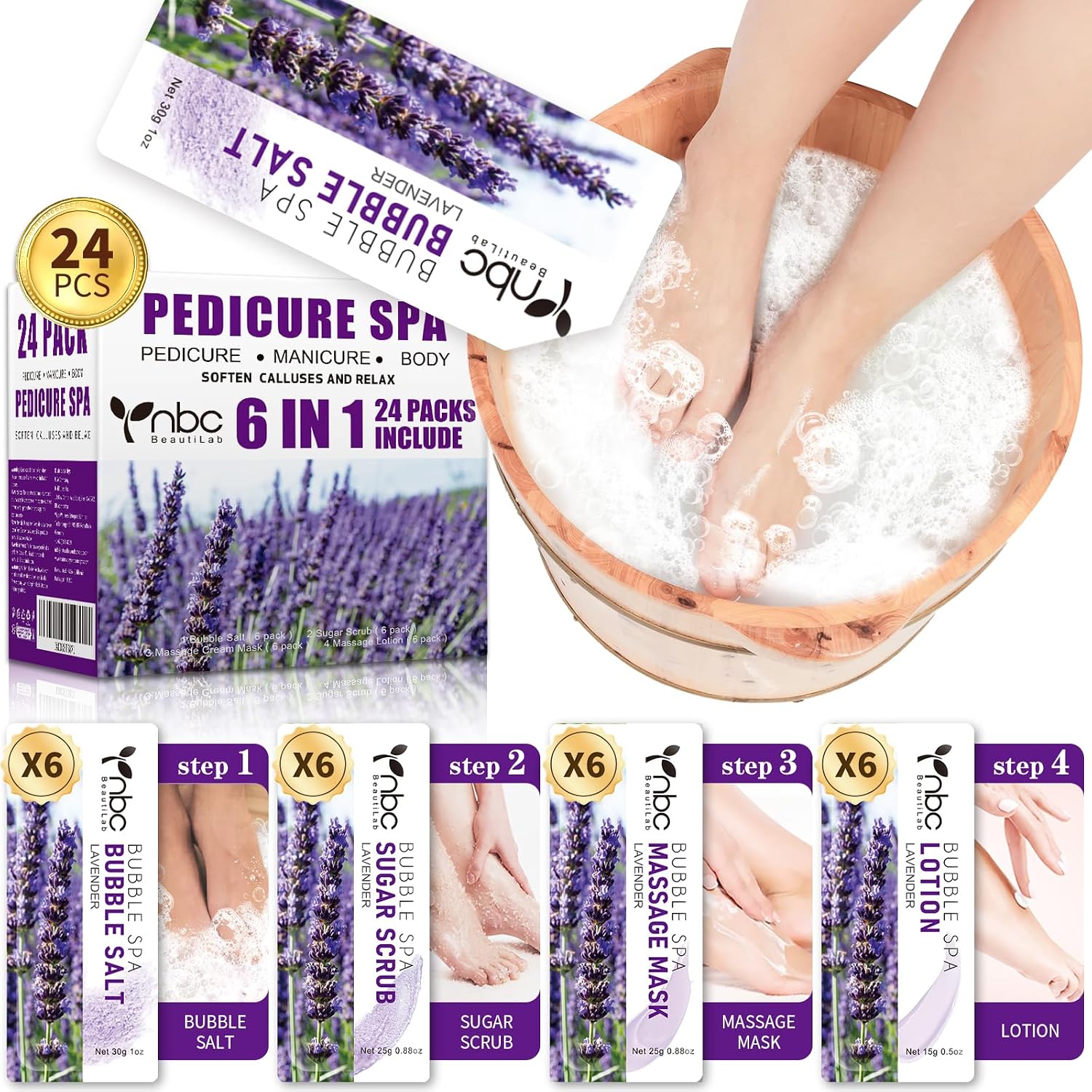24 Pcs Foot Soak, Pedicure Kit Foot Soak Set With Bubble Salt, Sugar Scrub, Massage Mask, Massage Lotion In a Box 4 Step Foot Spa Kit For Dry Cracked Feet, Tired Feet, 6 Set Lavender