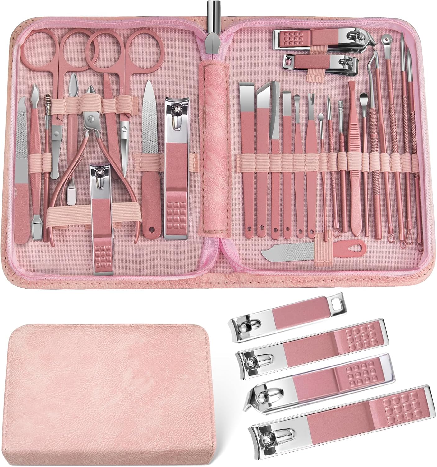 Highlights the complete kit layout, pink styling, and organized storage case, which are key purchase drivers for gift and value shoppers.