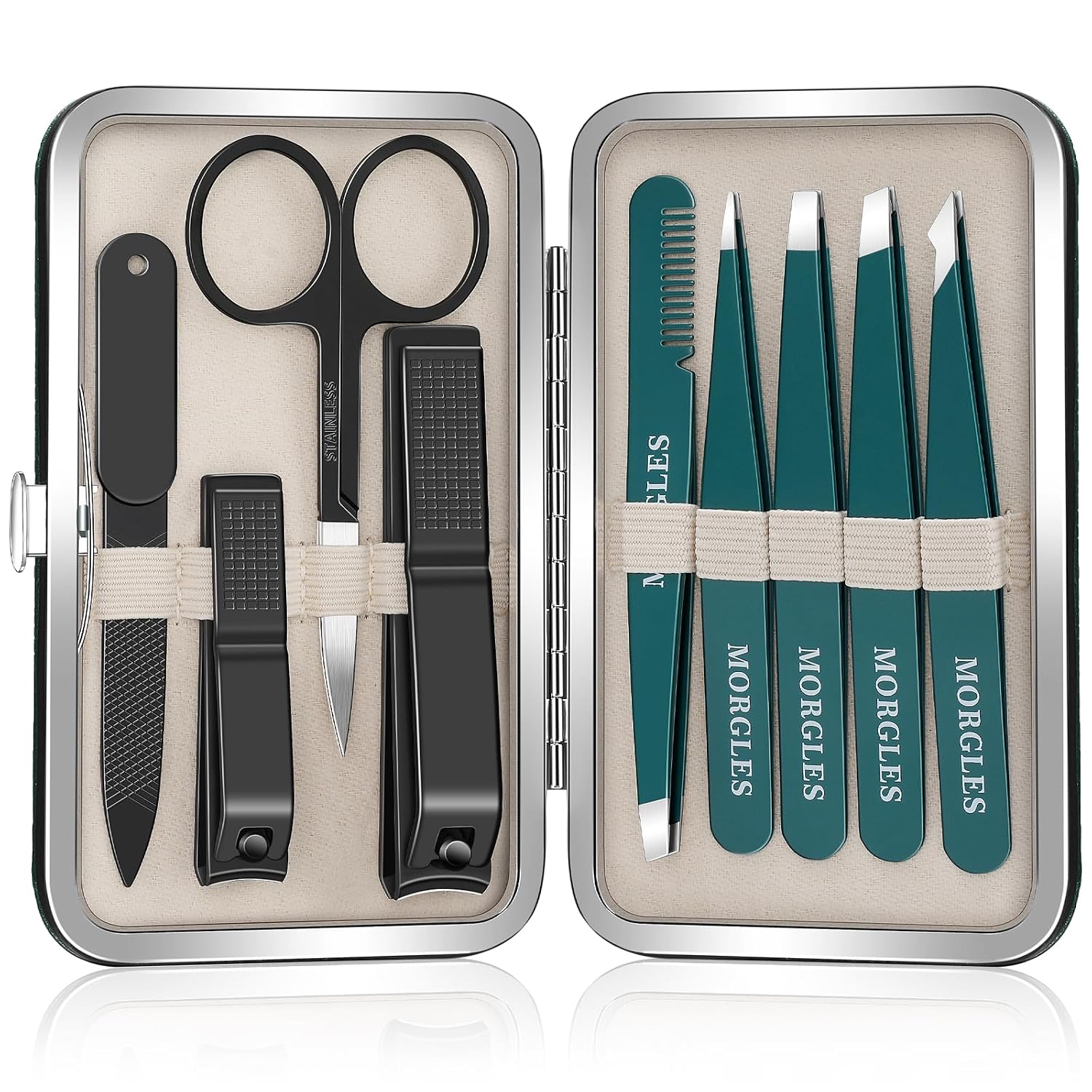 Highlights the complete set, compact storage, and overall presentation as a travel-ready grooming solution.