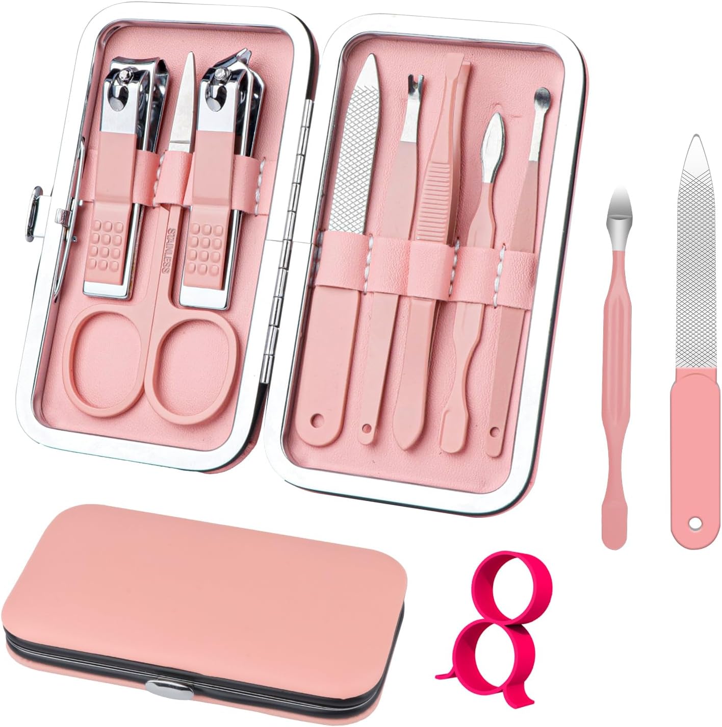 Highlights the complete 8-piece set, color variant, and compact case presentation.