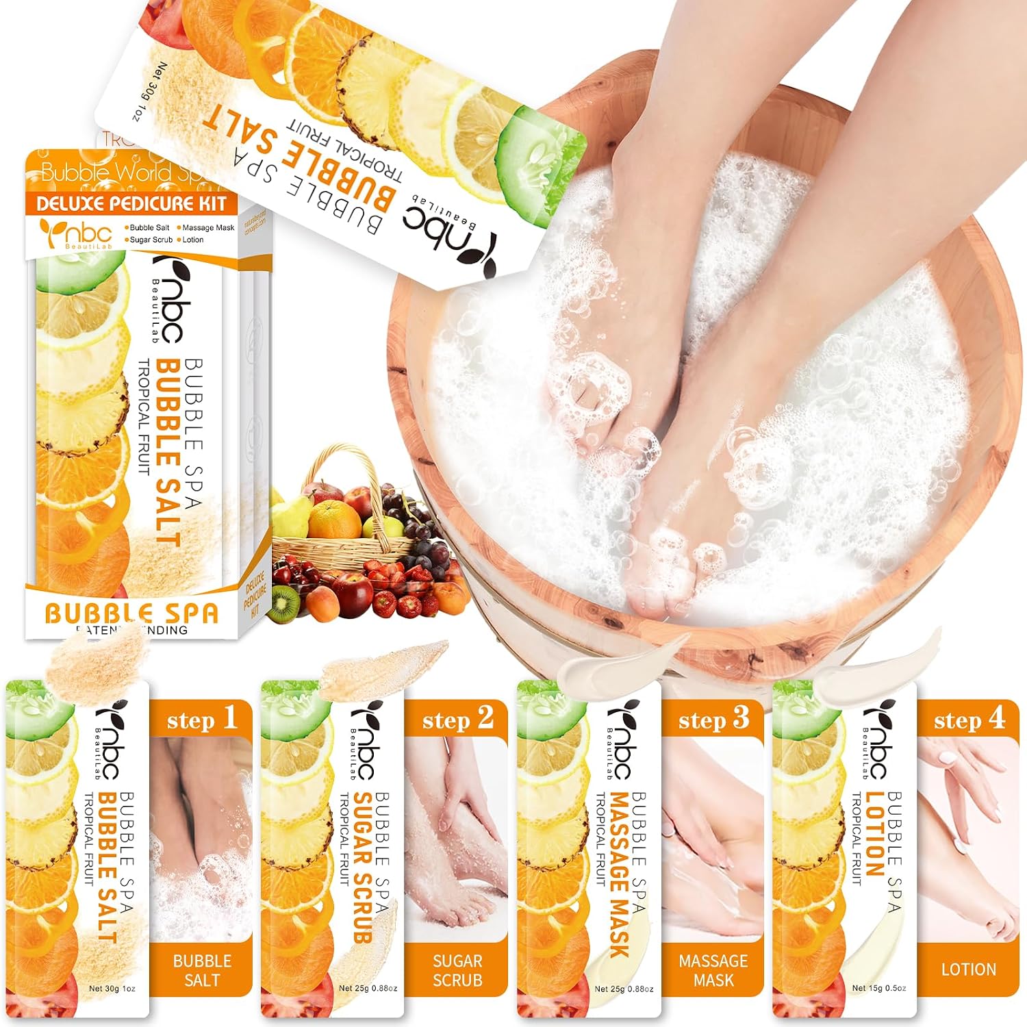 Pedicure Kit Foot Soak Set: Bubble Salt, Sugar Scrub, Massage Mask, Massage Lotion In a Box, 4 Step Foot Spa Kit For Dry Feet, Calluses And Tired Feet(1 Set Tropical Fruit)