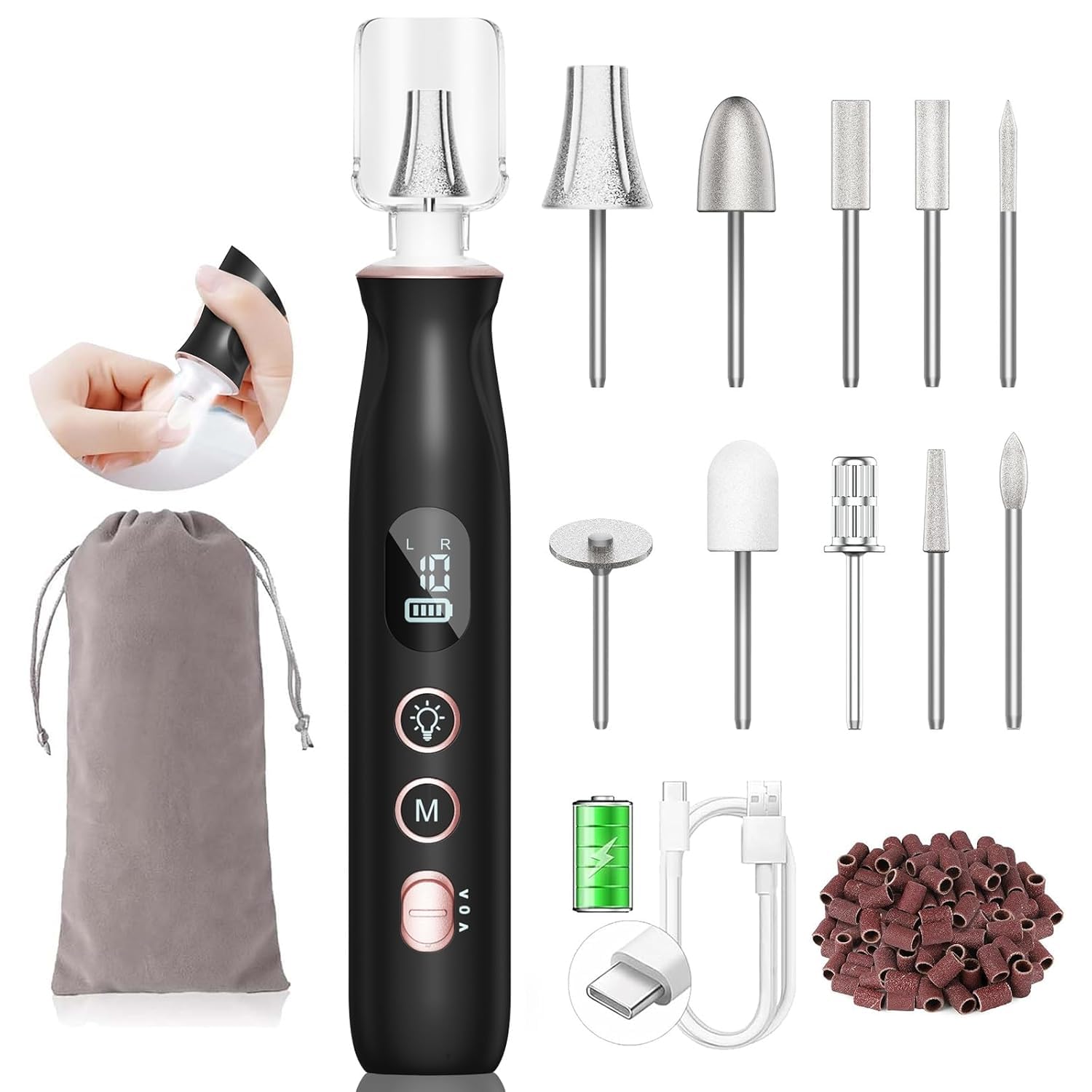 Core product identity, portability, and the fact that it is a multi-piece manicure/pedicure kit rather than just a single drill.