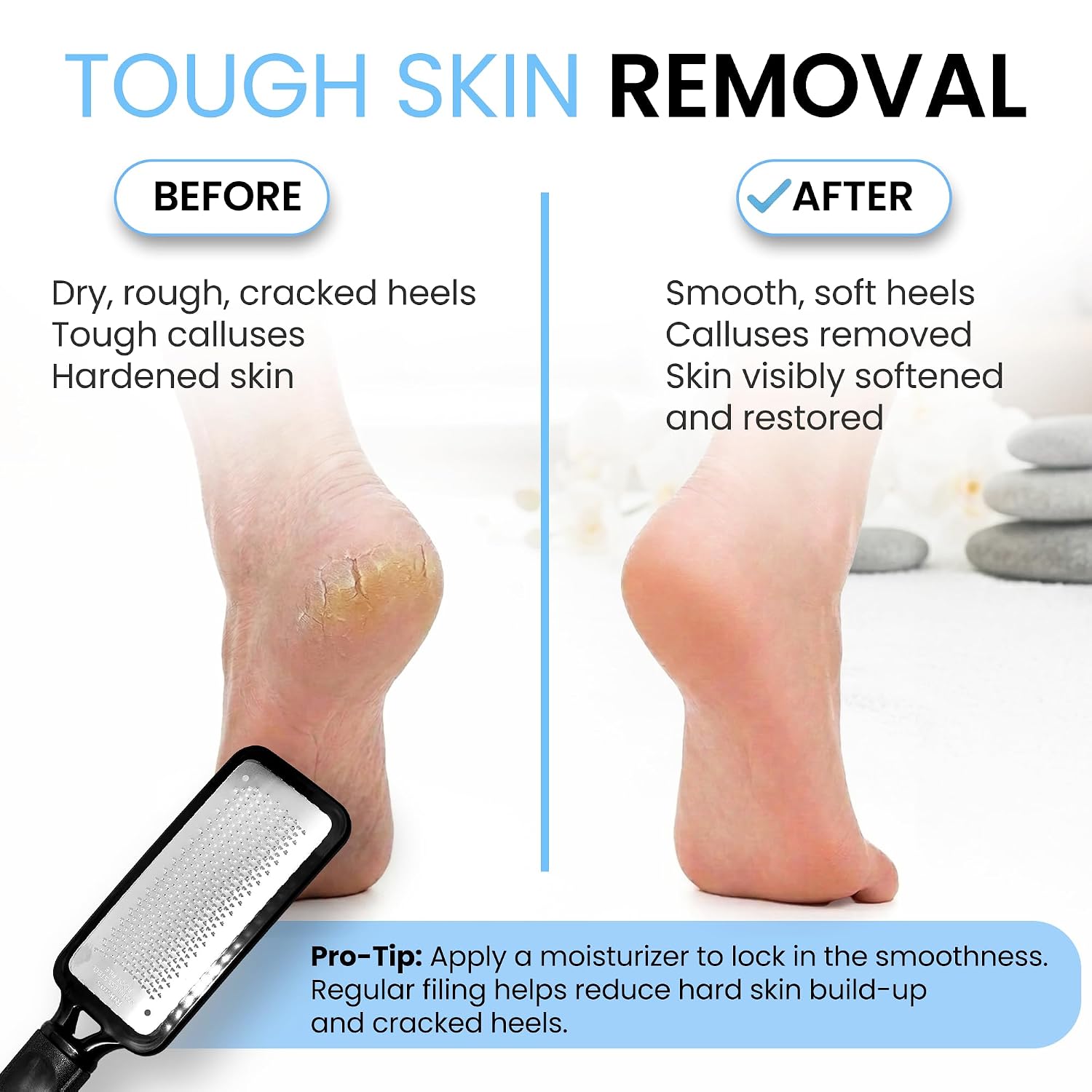 Highlights the tool’s working texture and how it is meant to remove dead skin and thick calluses.