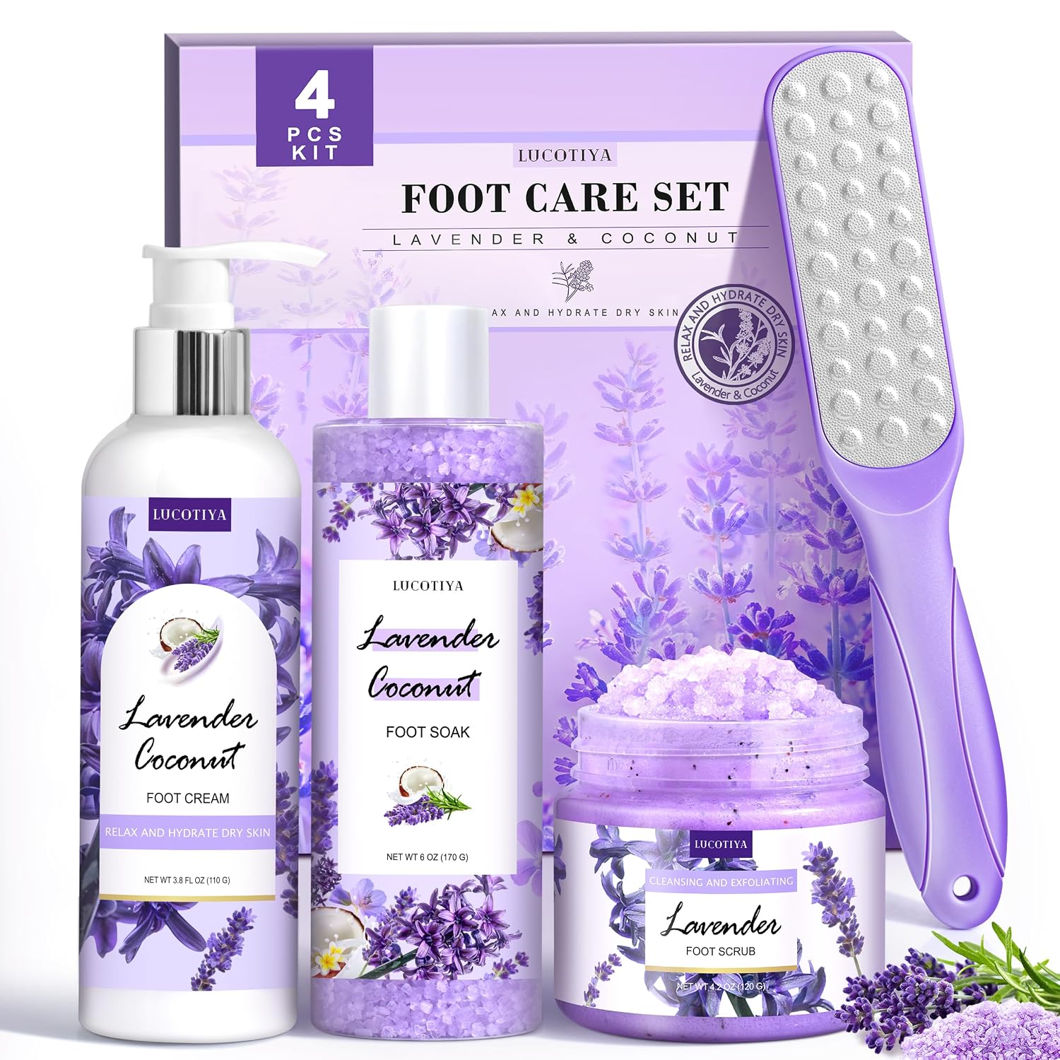 Lavender Foot Soak Set - Salts, Foot File, Scrub & Urea Cream Pedicure Supplies For Dry, Cracked Feet - Women's Spa Kit