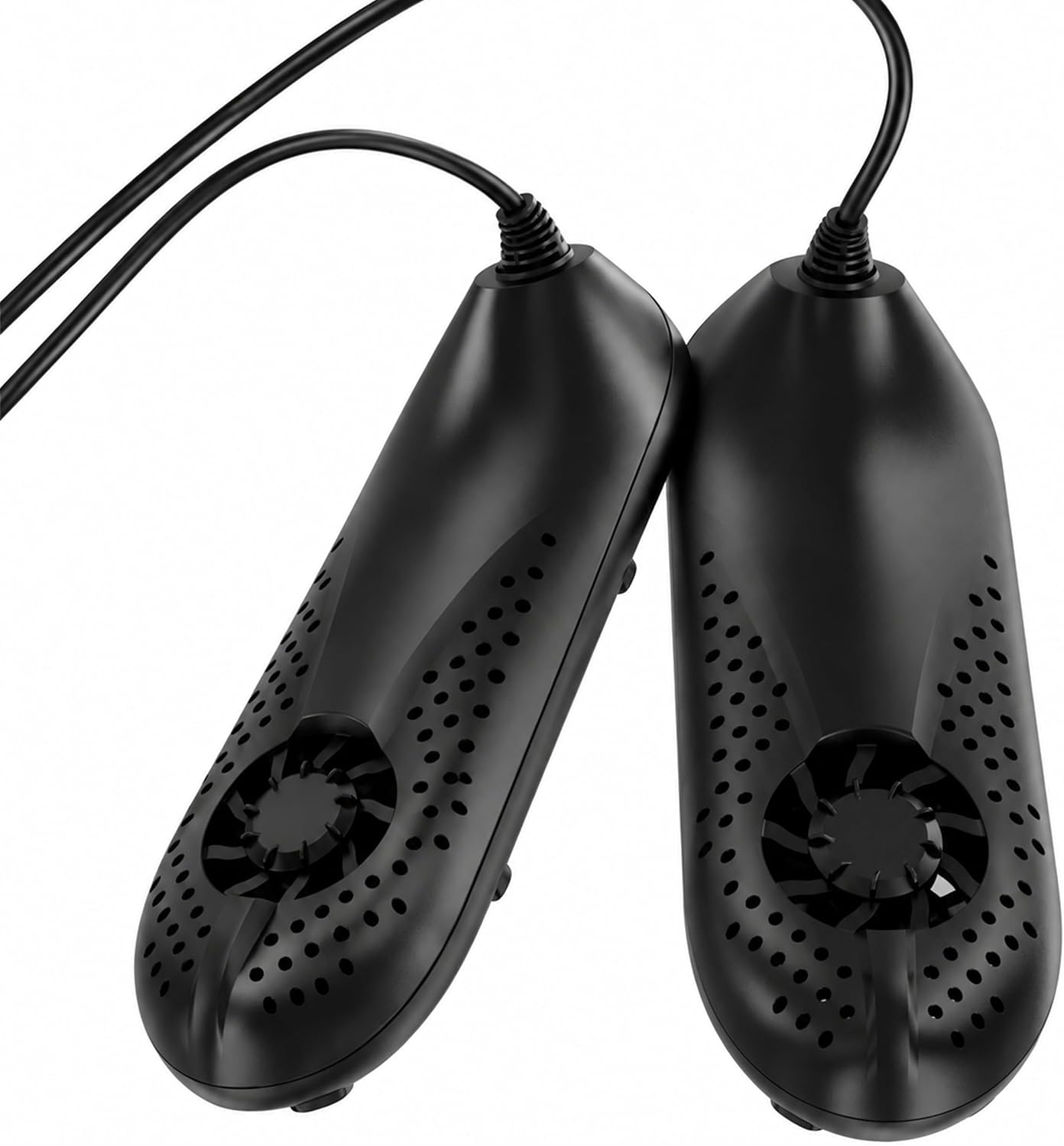 Highlights the overall form factor, black color, and compact size, which are important for shoppers comparing space-saving boot dryers.