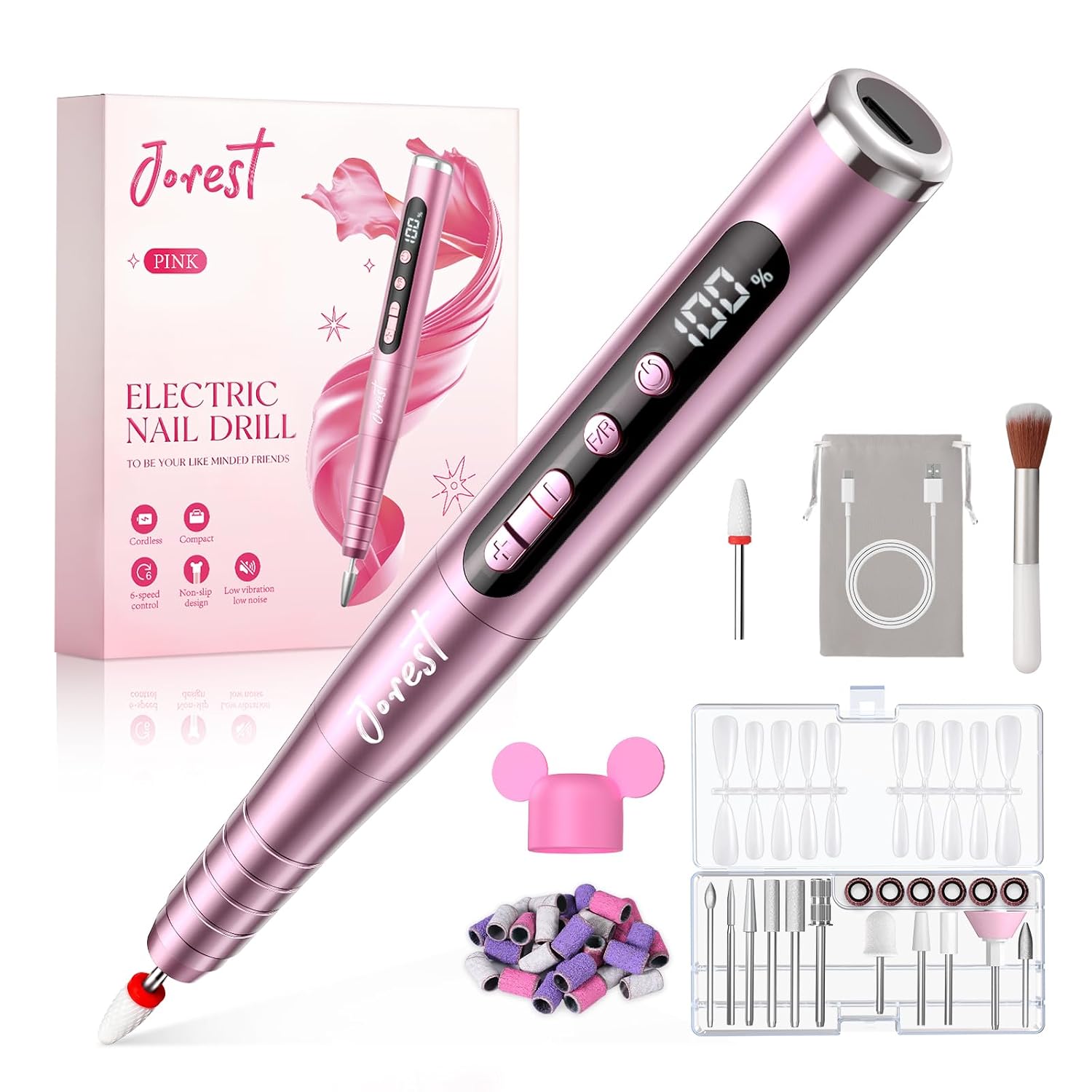 Jorest 13-In-1 Rechargeable Electric Nail Drill Kit With LED Display, 35,000 Rpm 6-Speed Cordless Manicure Tool For Acrylic Gel Nails, Nail File With Bits & Sanding Bands, Gifts For Women, Rose Pink