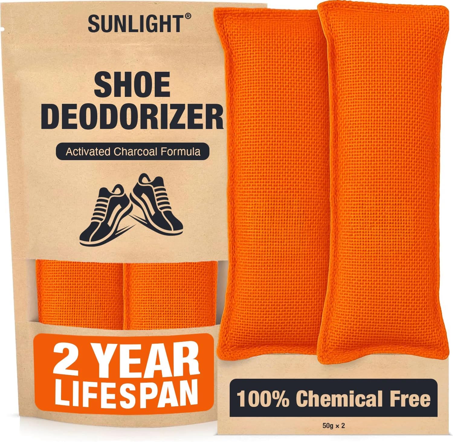 Sunlight® Shoe Deodorizer, Activated Charcoal Odor Absorber Bags, Chemical Free Odor Eaters For Shoes, Shoe Smell Remover Inserts, (50G, 2 Bags)
