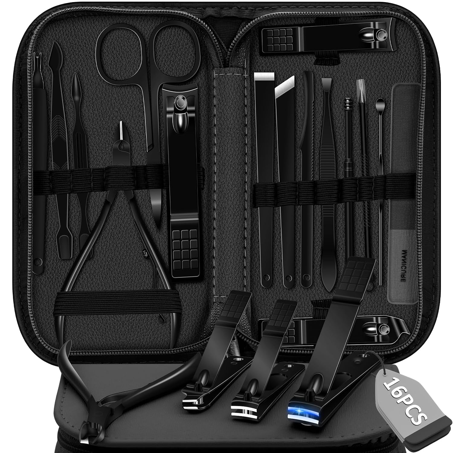 Manicure Set 16 In 1 Professional Stainless Steel Pedicure Kit Toenail Clippers Set Mens Grooming Kit Fingernail Kit For Women With Luxurious Travel Bag, Suitable For Home, Travel, And Salon (Black)