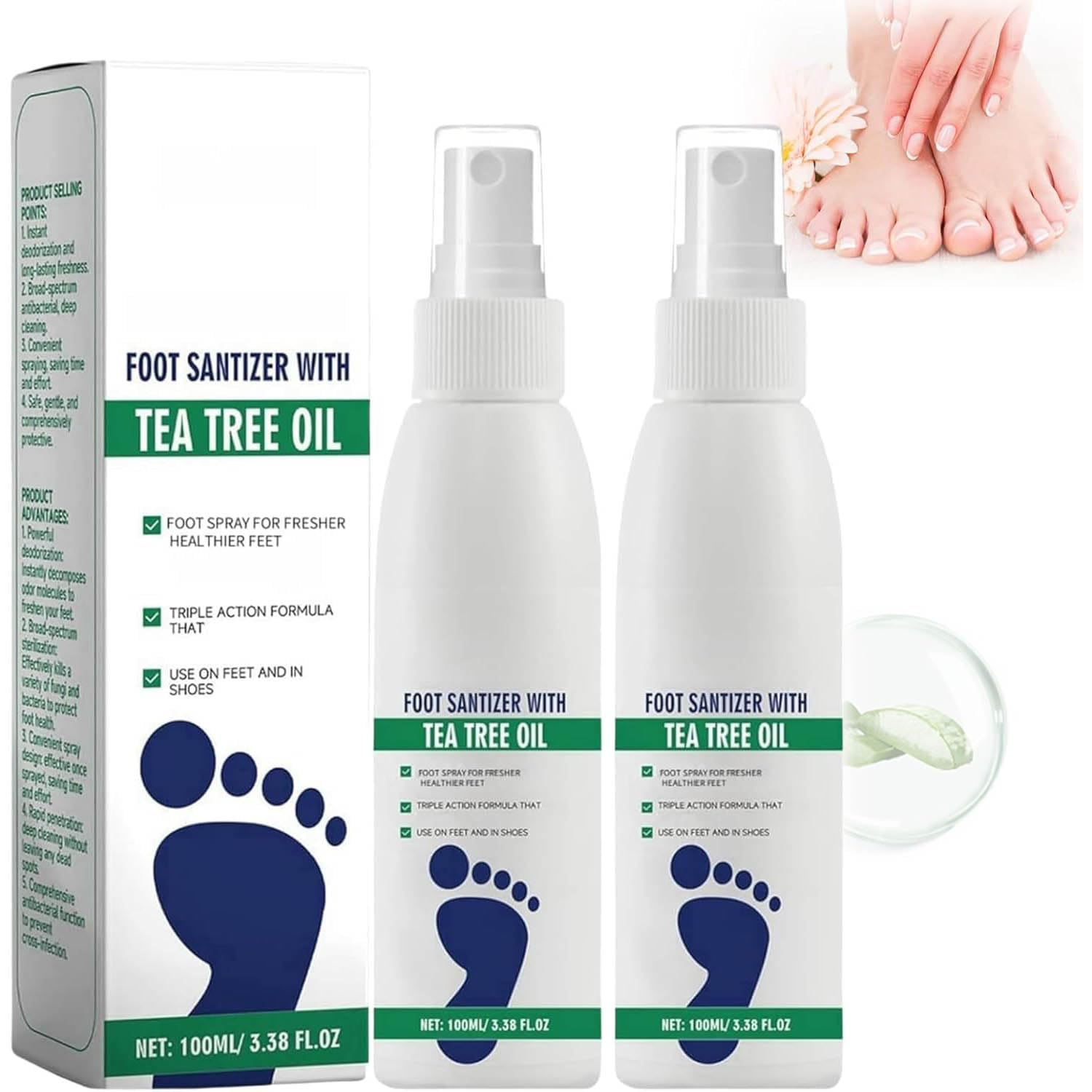 2Pcs Foot Sanitizer Spray With Tea Tree Oil,Clear Foot Sanitizer Sprays,Tea Tree Oil Feet Spray, Foot & Shoe Freshness,Quick-Drying & Travel-Friendly,100 Ml/3.5 Oz