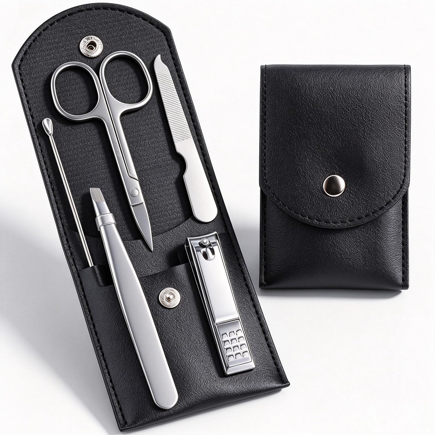 Hantekas Travel Manicure Set Professional Nail Clipper Kit-5 Pieces Stainless Steel Manicure Kit, Women Men Grooming Kit With Nail Care Tools Beauty Scissors Tweezers (Silver Black)