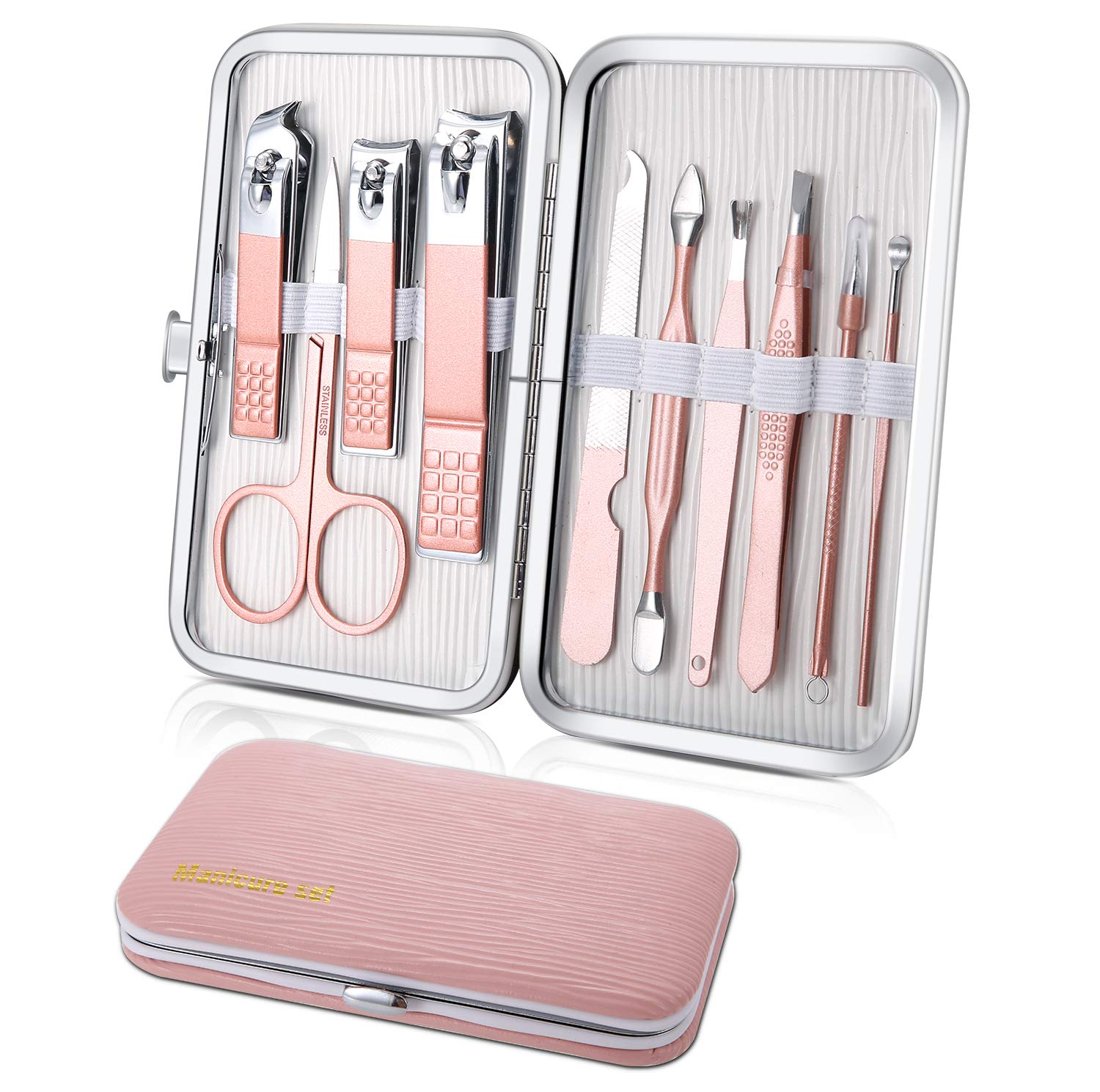 Highlights the overall set presentation, pink colorway, portability, and the number of included tools.