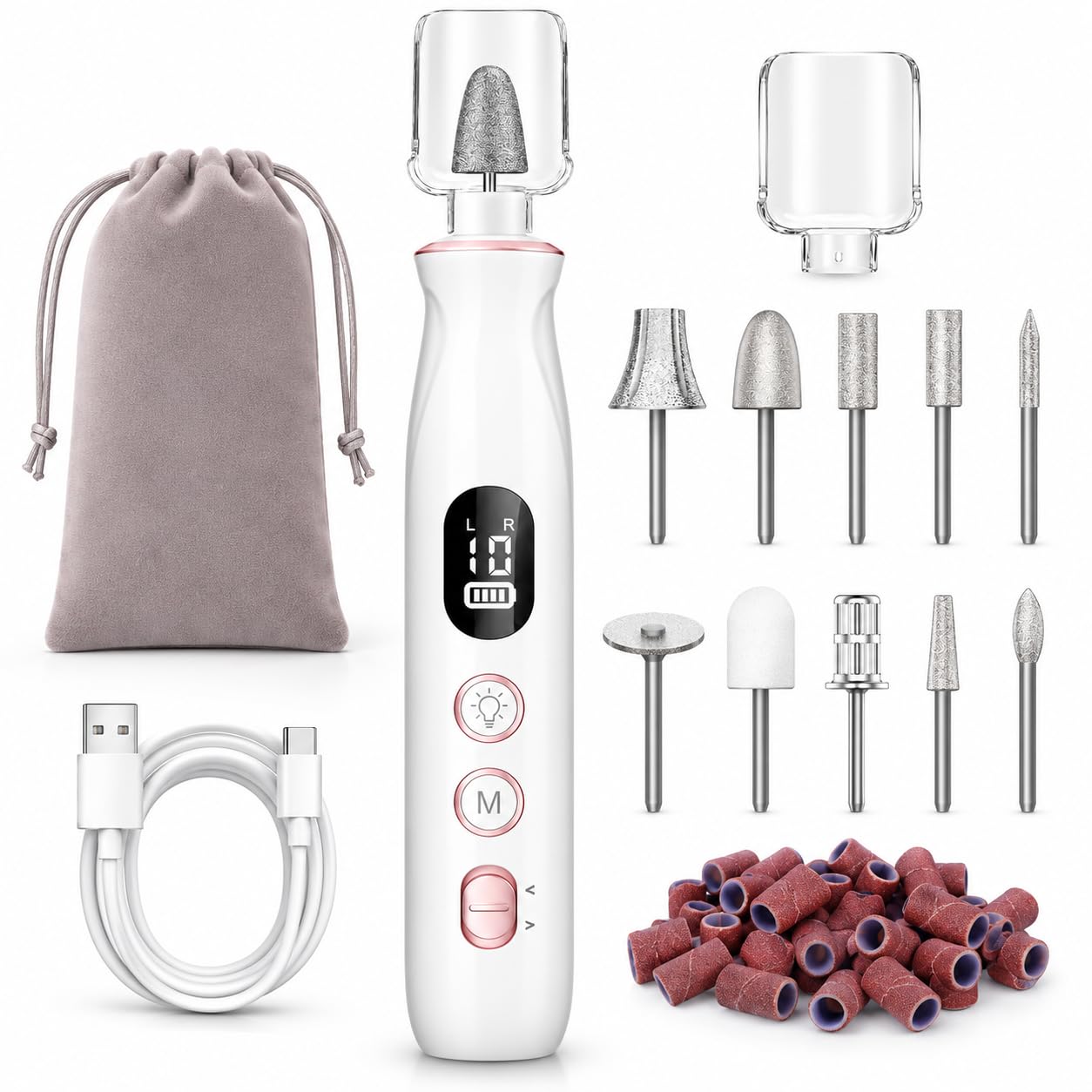 Electric Nail Drill,20,000 Rpm Cordless Nail File Kit,White