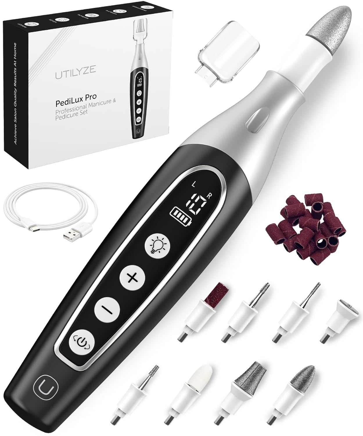 Utilyze Pedilux Pro Professional Manicure Pedicure Kit, Thick Toenail Grinder, Cordless Electric Nail File Drill, Toe Nail For Dremel Tool, Filer, Sander, Remove Callus For Humans, Men, Women, Seniors