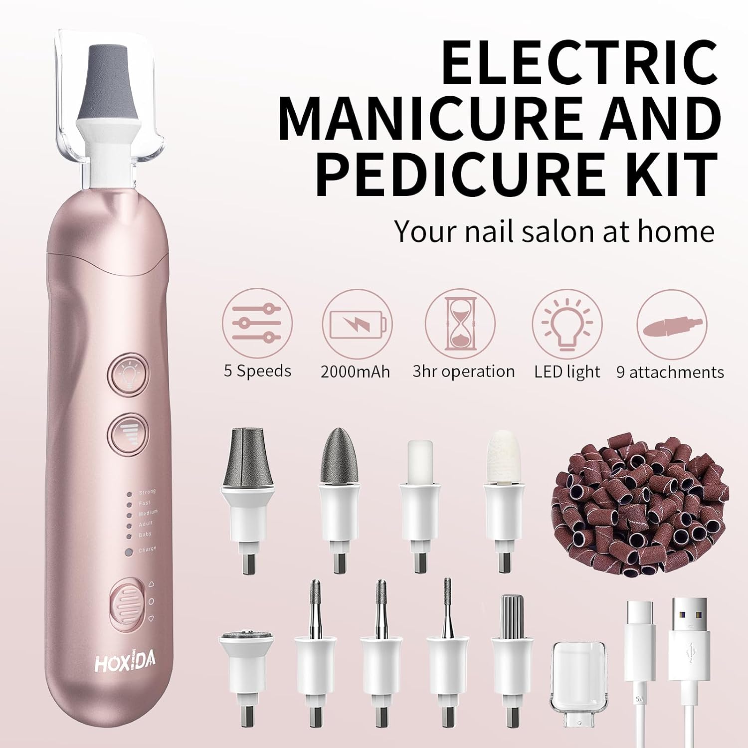Draws attention to included components and the compact, portable form factor.
