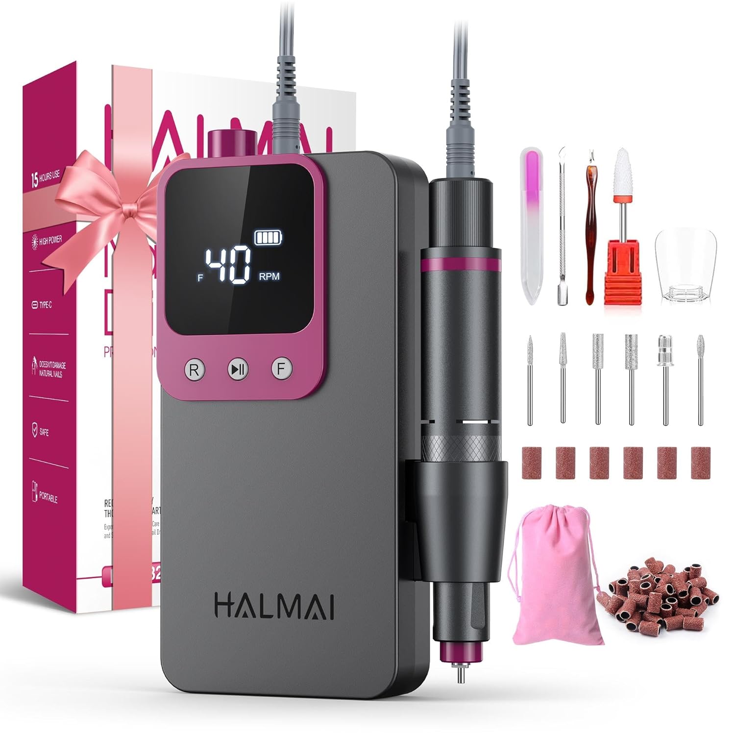 Highlights the compact design, dark gray finish, and overall premium look of the nail drill.