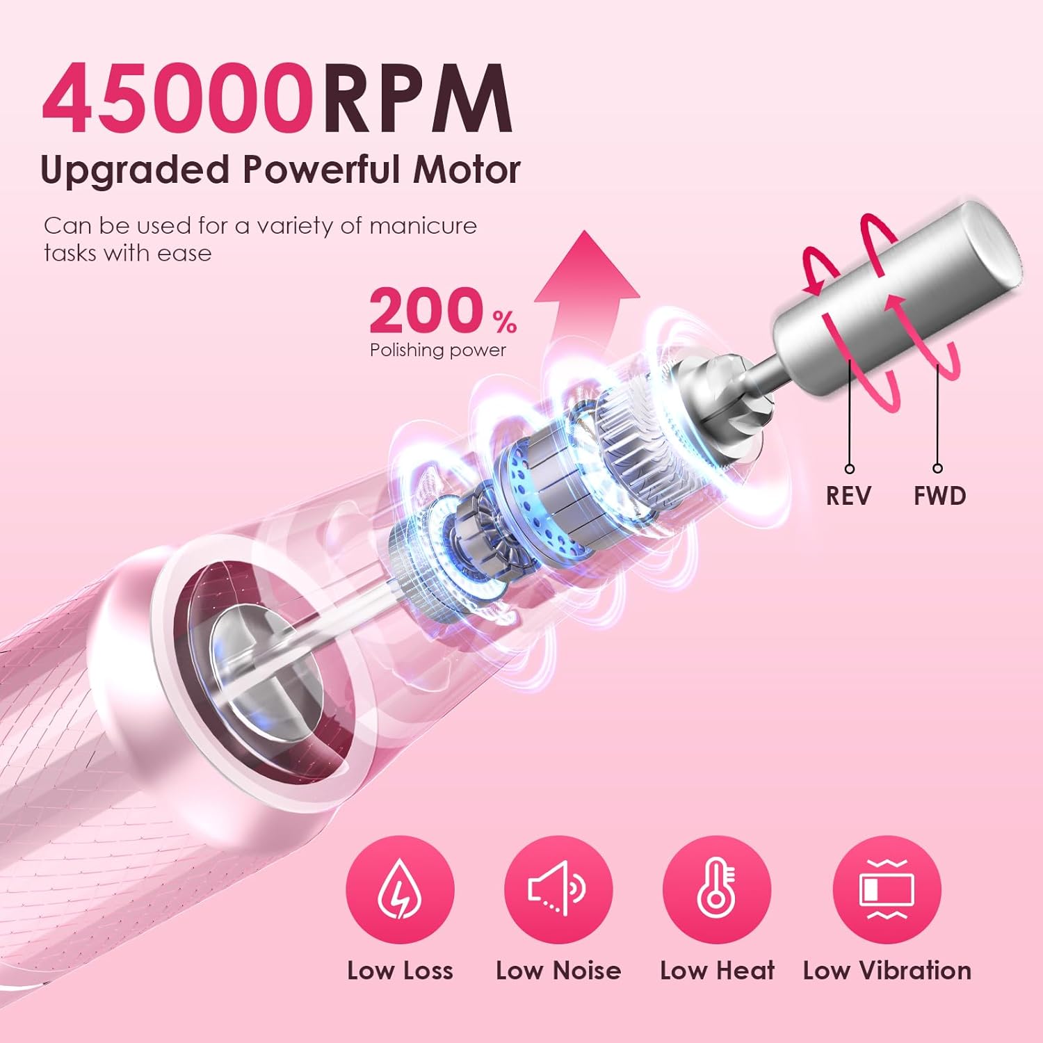 Professional Electric Nail Drill 45000Rpm Cordless Nail File | Portable & Rechargeable, 11 Drill Bits, For Shaping, Polishing & Removing Gel Nails For Salon Home (Pink)